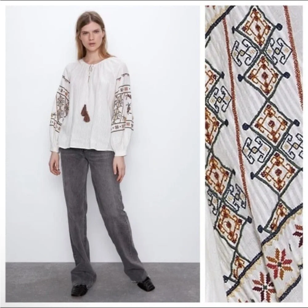 NWT. Zara Ivory Embroidered Blouse. Size M.